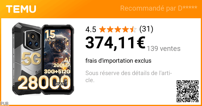 Smartphone Android 15 5G renforcé – 30 Go + 512 Go